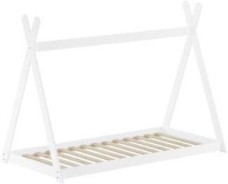 Waschweißes Tipi-Kinderbett, Holzbett 90x200 Kiefer, V-60. 27W-09Rollrost inkl.