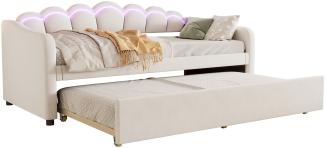 Merax Daybett, LED Tagesbett Schlafsofa Kinderbett 90x200cm mit Ausziehbett 90x190cm, Beige