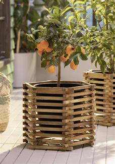 großer Pflanztopf "Akazie" aus Holz in sechseckiger Form, Übertopf, Blumentopf, Pflanzgefäß für Drinnen & Draußen, Gartendeko