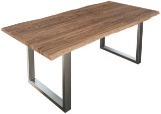 Loreno® Esstisch Lauren (1 Tischplatte und 2 Gestelle), massives Akazienholz, natürliche Baumkante, Metallgestell U-Form