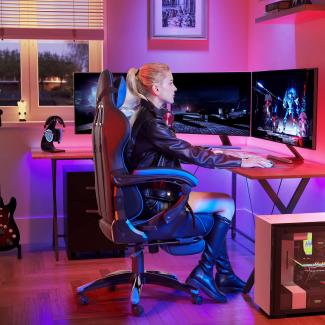 Gamingstuhl, ergonomischer Bürostuhl, Schreibtischstuhl, ausziehbare Fußstütze, 90°-135° Neigungswinkel, bis 150 kg belastbar, schwarz-blau RCG026B01