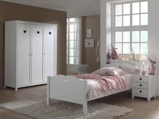 Amori Set best. aus Einzelbett 90 x 200 cm mit Lattenrost, Nachtkonsole und Kleiderschrank 3-trg, Ausf. MDF weiß lackiert