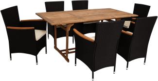 Garnitur MONTREUX 7-teilig, Geflecht schwarz + Akazien Holz, Tisch 90x180cm