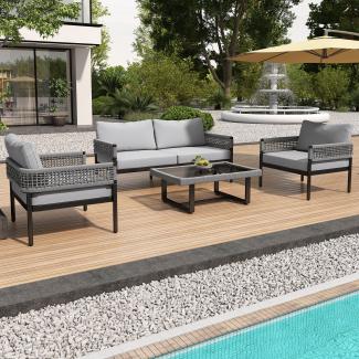 Merax Garten-Lounge-Set, Gartenmöbel-Set aus Seil, verstellbare Füße, glatte Glastischplatte, 4er-Set, inklusive aller Sitz- und Rückenkissen, grau