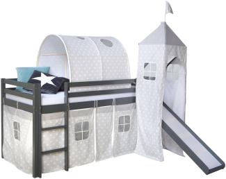 Homestyle4u Spielbett mit Tunnel, Rutsche und Turm, Kiefernholz grau, 90 x 200 cm