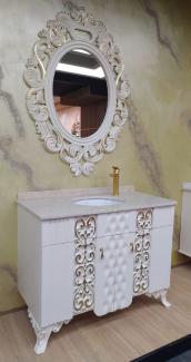 Casa Padrino Barock Badezimmer Set Weiß / Gold - 1 Waschtisch mit Marmorplatte und Keramik Waschbecken & 1 Wandspiegel - Prunkvolle Barock Badezimmer Möbel