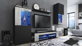 Vladon Wohnwand Movie, Anbauwand bestehend aus 1 TV-Board, 2 Vitrinen und 1 Regal, Schwarz matt/Schwarz matt/Beton Oxid-Optik, inkl. LED-Beleuchtung blau (Gesamt: 300 x 190 x 39 cm)