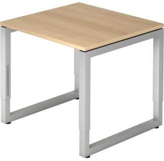 'RS08' Schreibtisch mit eckigem O-Fuß-Gestell, Eiche/ Silber, 65-85 x 80 x 80 cm