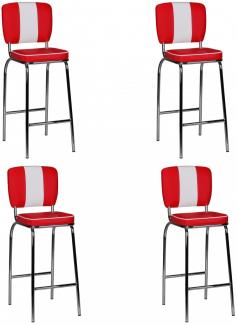 FineBuy 4er-Set 'American Diner' Barhocker mit Rücken-Lehne und Fußstütze, rot