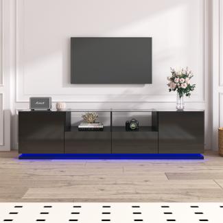 Merax Hochglänzender TV-Schrank mit Glasböden, zwei Schubladen und zwei Türen, Lowboard mit mehrfarbigen LED-Lichteffekten, Schwarz