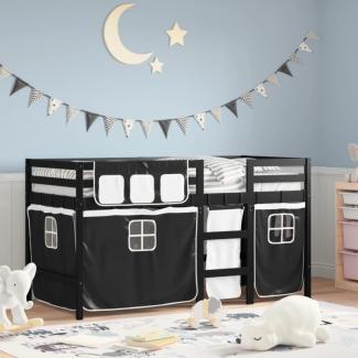 Kinderhochbett mit Vorhängen Weiß Schwarz 90x200 cm Kiefernholz (Farbe: Weiß)