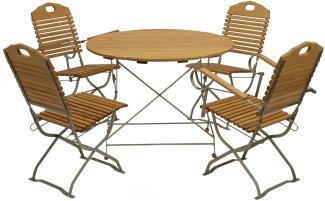 Kurgarten - Garnitur BAD TÖLZ 5-teilig (2x Stuhl, 2x Armlehnensessel, 1x Tisch 100cm rund), Flachstahl verzinkt + Robinie, klappbar
