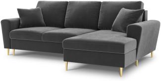 Micadoni 4-Sitzer Samtstoff Ecke rechts Sofa mit Bettfunktion und Box Moghan | Bezug Light Grey | Beinfarbe Gold Metal