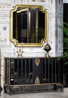 Casa Padrino Luxus Barock Möbel Set Sideboard mit Spiegel Schwarz / Gold - Verspiegelter Massivholz Schrank mit elegantem Wandspiegel - Barock Möbel - Edel & Prunkvoll