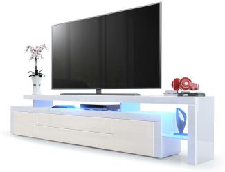 TV Board Lowboard Leon V3, Korpus und Überbau in Weiß Hochglanz / Front in Creme Hochglanz mit Rahmen in Weiß Hochglanz inkl. LED Beleuchtung (227 x 52 x 35 cm)