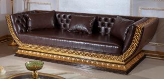 Casa Padrino Luxus Barock Chesterfield Sofa Dunkelbraun / Gold - Prunkvolles Wohnzimmer Sofa mit edlem Kunstleder - Barock Chesterfield Wohnzimmer Möbel