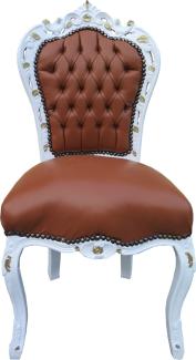 Casa Padrino Barock Esszimmer Stuhl Apricot-Braun Lederoptik Weiß Gold - Limited Edition