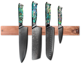 Sheru Damast Messerset mit magnetischer Holzleiste - 4 teiliges Messerset aus 67 lagigem Damast Stahl - Muschel & Epoxidharz Griff