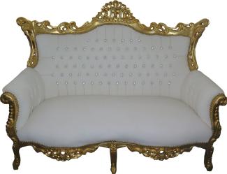 Casa Padrino Barock 2-er Sofa Master Weiß Lederoptik / Gold mit Bling Bling Glitzersteinen - Antik Stil Möbel - Limied Edition