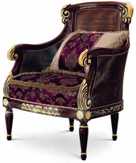 Casa Padrino Luxus Barock Sessel Lila / Braun / Gold - Barockstil Wohnzimmer Sessel mit elegantem Muster - Barock Möbel - Barock Wohnzimmer & Hotel Möbel - Luxus Qualität - Made in Italy
