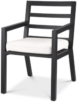 Casa Padrino Luxus Esszimmerstuhl mit Armlehnen Schwarz / Weiß 56 x 66,5 x H. 87 cm - Wetterbeständiger Aluminium Stuhl mit Sitzkissen - Garten Terrassen Stuhl - Luxus Qualität