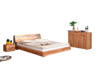 Bett Bento 12 aus Kernbuche massiv 200x200 cm mit Holzkopfteil und Holzbeinen