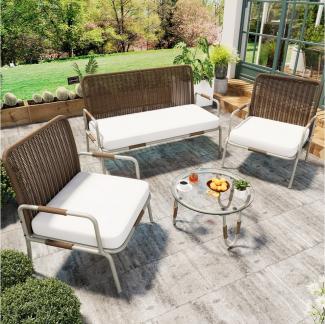 Merax Gartenlounge-Set für 4 Personen mit Eisenrahmen, (4-tlg, 1 2-Sitzer, 2 Sessel, 1 Couchtisch), Gartenmöbel Set Polyrattan, Sitzgruppe, Sitzgarnitur, Balkonmöbel