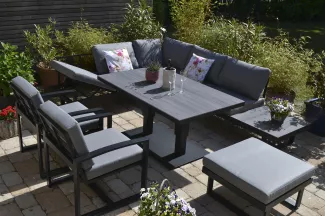 HPL Gartenecklounge Beltona grau + 150x90 cm Lift Tisch höhenverstellbar + 1 Lounge Sessel + 1 Hocker