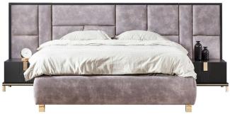 Casa Padrino Luxus Massivholz Schlafzimmer Set Lila / Schwarz / Gold - 1 Doppelbett mit Kopfteil & 2 Nachttische - Luxus Schlafzimmer Möbel