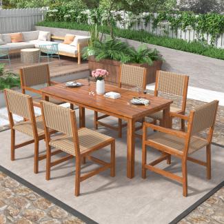 Merax 7-teiliges Outdoor-Esstisch-Set für 6 Personen, Gartenmöbel-Set aus HDPE-Rattan, Stuhlgestell aus Akazienholz für Hinterhof, Garten, Braun