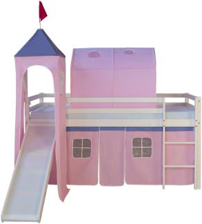 Hochbett Spielbett Kinderbett Rutsche Turm Vorhang pink 90x200 Jugendbett Tun