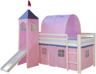 Homestyle4u Spielbett mit Tunnel, Turm und Rutsche, Rosa, Kiefernholz rosa / weiß, 90 x 200 cm
