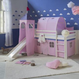 Homestyle4u Spielbett mit Tunnel, Turm und Rutsche, Rosa, Kiefernholz rosa / weiß, 90 x 200 cm