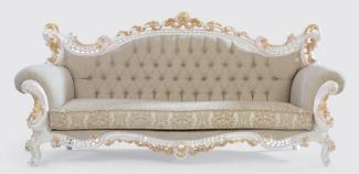 Casa Padrino Luxus Barock Sofa Greige / Weiß / Gold 230 x 95 x H. 130 cm - Handgefertigtes Wohnzimmer Sofa mit elegantem Muster - Barock Wohnzimmer Möbel - Edel & Prunkvoll