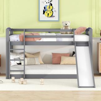 Merax Etagenbett für Kinder und Jugendliche, Kinderbett mit Rutsche, Massivholzrahmen, einfache Montage, 90x200cm, Grau (Ohne Matratze)