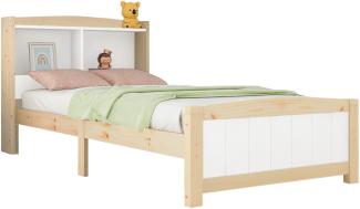 Merax Stauraumbett Einzelbett 90x200 aus Kiefernholz & MDF mit Stauraum-Kopfteil & Lattenrost für Schlafzimmer Weiß & Beige