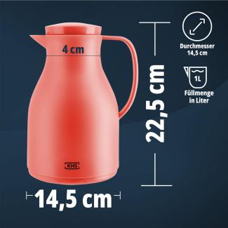 KHG Isolierkanne 1 Liter Coral Rot, Quick Press & Drehverschluss, außen Kunststoff matt, innen Glas BPA-frei, Thermoskanne 1l für heiße & kalte Getränke mit präzisem Ausgießer