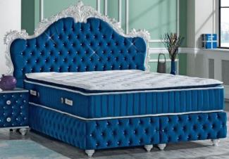 Casa Padrino Barock Doppelbett Royalblau / Weiß - Prunkvolles Samt Bett mit Glitzersteinen und Matratze - Schlafzimmer Set im Barockstil