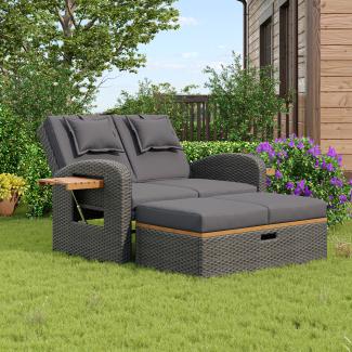 Merax Garten-Lounge-Sessel-Set für 2 Personen, graues Rattan, verstellbare Rückenlehne, Beistelltisch aus Akazienholz, als Outdoor-Bett nutzbar