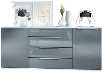 Vladon Sideboard Linio V2 166,5 x 72,5 x 35 cm Anrichte mit 2 Türen und 4 Schubladen, Korpus in Weiß matt, Fronten in Grau Hochglanz