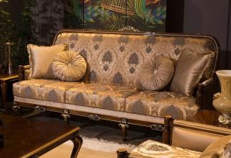 Casa Padrino Luxus Barock Sofa Grau / Braun / Gold 221 x 80 x H. 110 cm - Wohnzimmer Sofa mit elegantem Muster und dekorativen Kissen - Edle Wohnzimmer Möbel im Barockstil