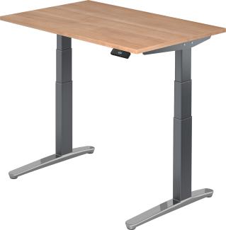 bümö® Sitz- & Stehschreibtisch Serie-XBHM elektrisch höhenverstellbar mit Memoryfunktion, Tischplatte 120 x 80 cm in Nussbaum, Gestell in graphit / aluminium poliert