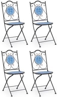 Casa Padrino Jugendstil Gartenstuhl 4er Set Schwarz / Blau / Weiß 39 x 47 x H. 92 cm - Klappbare Stühle mit Keramik Platten - Nostalgische Garten & Gastronomie Möbel