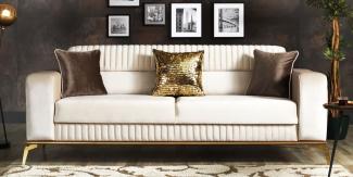 Casa Padrino Luxus Schlafsofa Creme / Braun / Gold 225 x 92 x H. 83 cm - Wohnzimmer Sofa mit 3 Kissen - Luxus Wohnzimmer Möbel