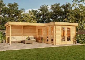 Alpholz Flachdach Gartenhaus Modell Quinta ISO Gartenhaus aus Holz Holzhaus mit 44 mm Wandstärke inklusive Schleppdach FSC zertifiziert Blockbohlenhaus mit Montagematerial