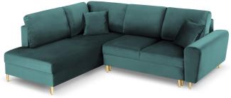 Micadoni 5-Sitzer Samtstoff Ecke links Sofa mit Bettfunktion und Box Moghan | Bezug Petrol | Beinfarbe Gold Metal