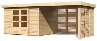 Karibu Woodfeeling Gartenhaus Askola mit Feuerholzoption Gartenhaus aus Holz Holzhaus mit 19 mm Wandstärke inklusive Schleppdach Blockbohlenhaus mit Montagematerial