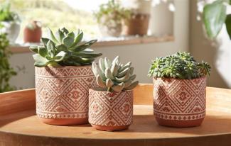 3x Blumentopf "Terra" aus Zement in Terracotta Optik / weiß, Übertopf Set, Pflanztopf, Pflanzgefäß