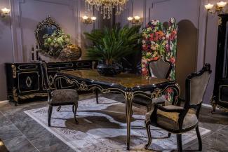 Casa Padrino Luxus Barock Esszimmer Set Silber / Schwarz / Gold - 1 Esstisch & 6 Esszimmerstühle - Prunkvolle Esszimmer Möbel im Barockstil