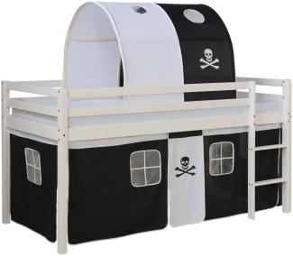 Homestyle4u Spielbett mit Tunnel, Pirat, Kiefernholz schwarz / weiß, 90 x 200 cm